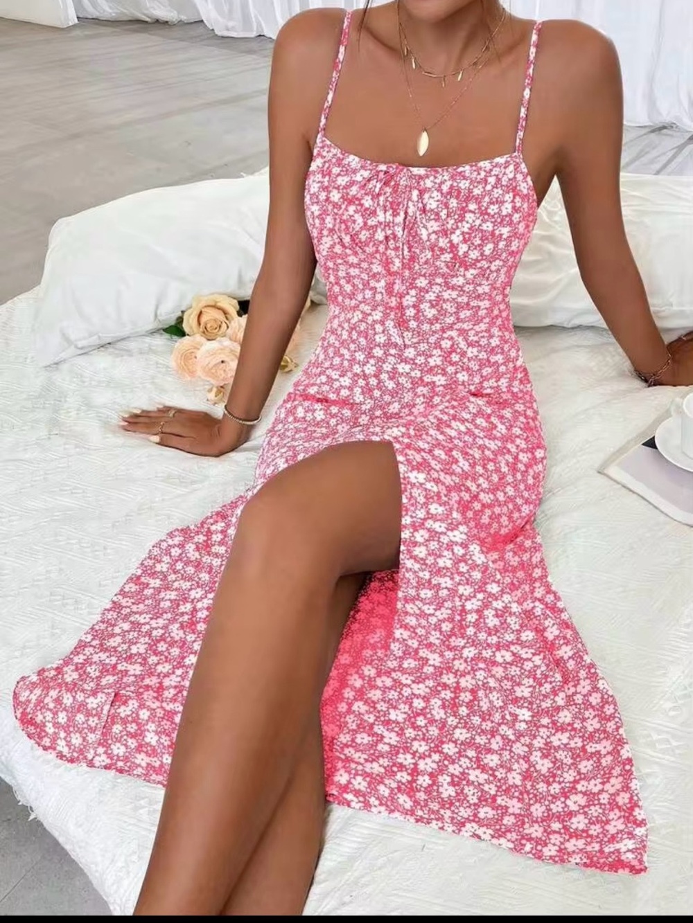 SHEIN Pink Floral Spaghetti-Strap Maxi Dress with Side Slit - Picture 2 of 8